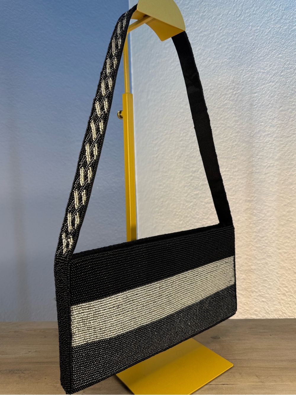 Inge Christopher Black Silver Beaded Handbag Shoulder Bag Evening Purse